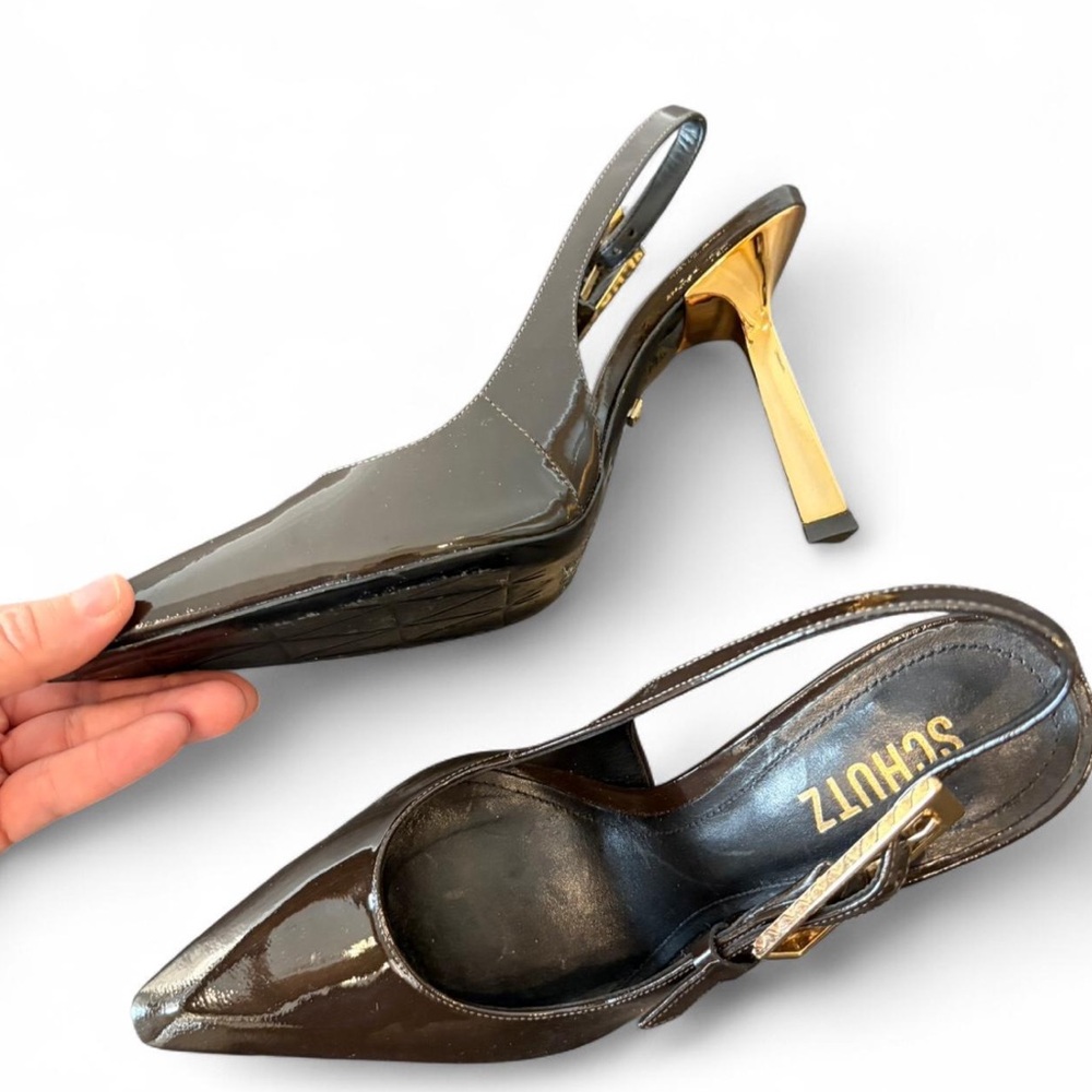 Schutz chocolate brown Patent Leather Slingback Pumps with Gold Heel Sz 8
